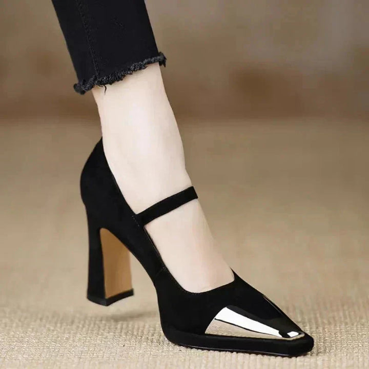 Serena - Mary Jane High Heel Pumps Cap Toe Block Heel Strap