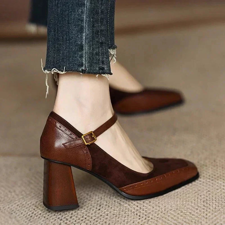 Constance - Square Toe Block Heel Pumps Ankle Strap Brogue
