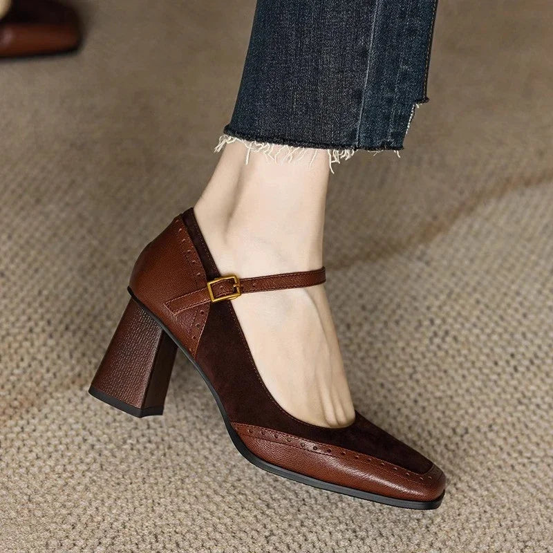 Constance - Square Toe Block Heel Pumps Ankle Strap Brogue