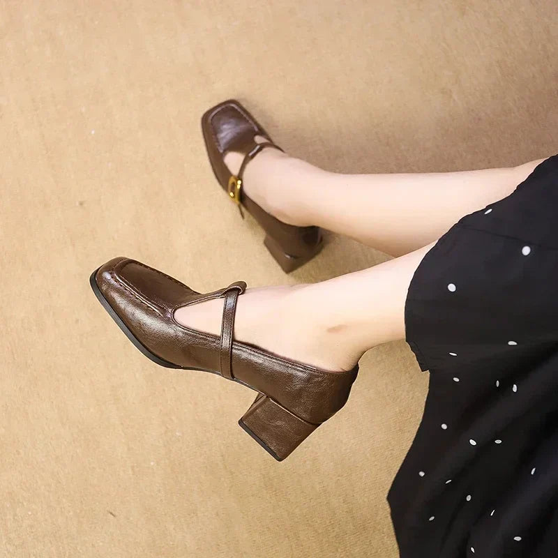Odette - Square Toe Mary Jane Heels Block Heel Gold Buckle