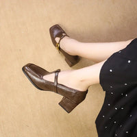 Square Toe Mary Jane Heels Block Heel Gold Buckle