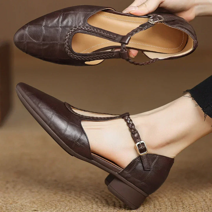 Margot - Leather T-Strap Mary Jane Flats Pointed Toe Flat