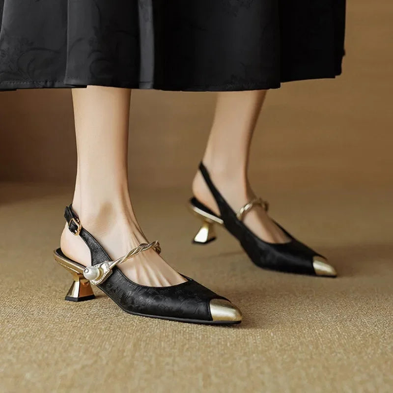Fleur - Pearl Strap Slingback Kitten Heels Pointed Toe Pumps