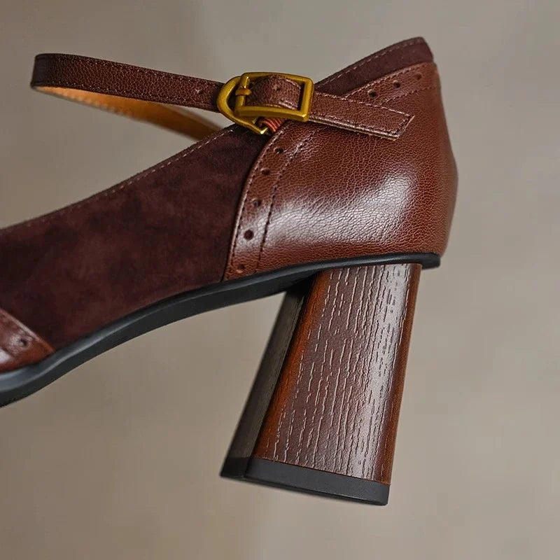 Constance - Square Toe Block Heel Pumps Ankle Strap Brogue