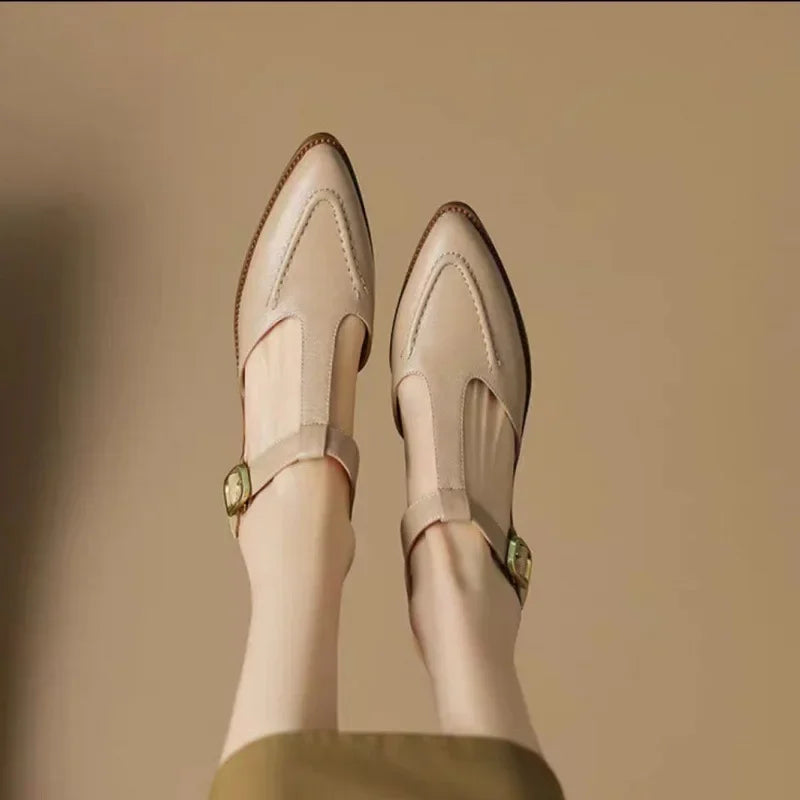 Sloane - T-Strap Buckle Shoes Pointed Toe Low Heel Flats