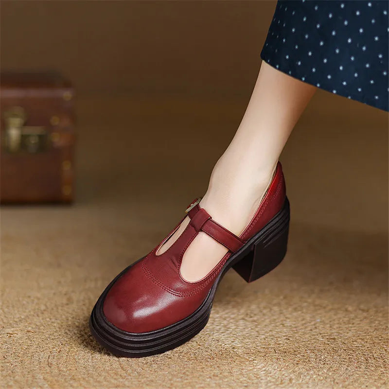 Rowena - Chunky Block Heel Mary Jane Pumps Round Toe Strap