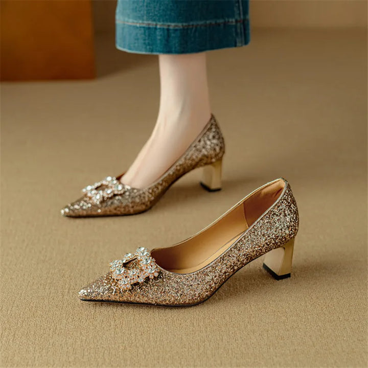 Stella - Glitter Block Heel Pumps Pointed Toe Crystal Buckle
