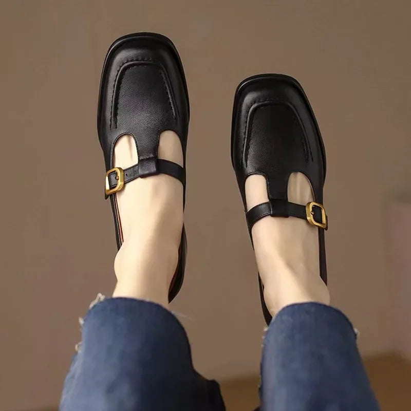 Wren - T-Strap Mary Jane Shoes Square Toe Low Block Heel