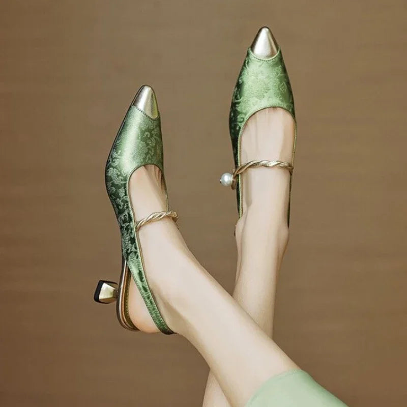 Fleur - Pearl Strap Slingback Kitten Heels Pointed Toe Pumps