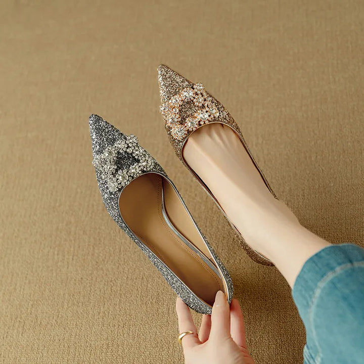Stella - Glitter Block Heel Pumps Pointed Toe Crystal Buckle