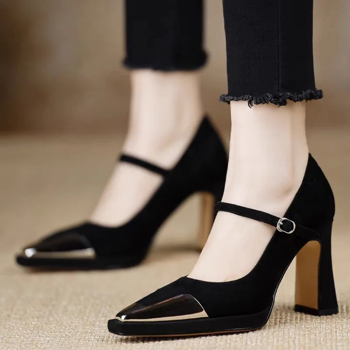 Serena - Mary Jane High Heel Pumps Cap Toe Block Heel Strap