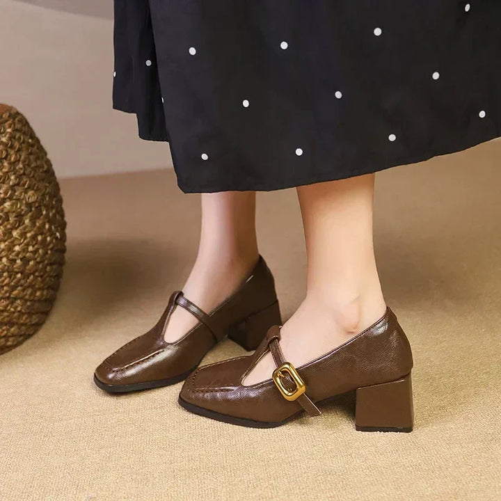 Odette - Square Toe Mary Jane Heels Block Heel Gold Buckle