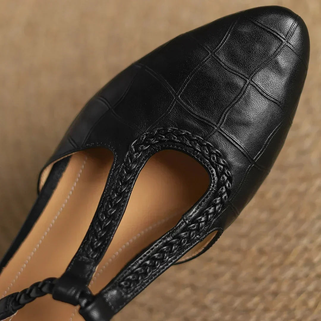 Margot - Leather T-Strap Mary Jane Flats Pointed Toe Flat