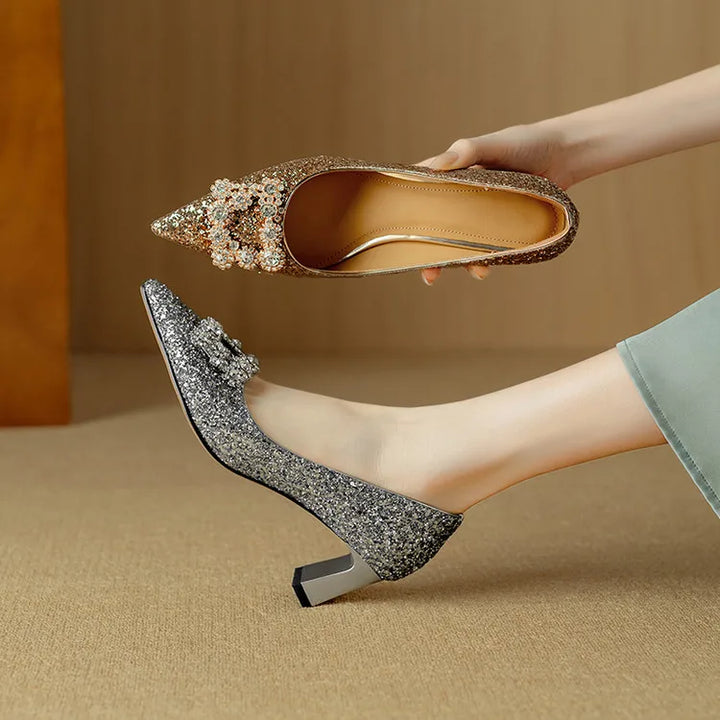 Stella - Glitter Block Heel Pumps Pointed Toe Crystal Buckle