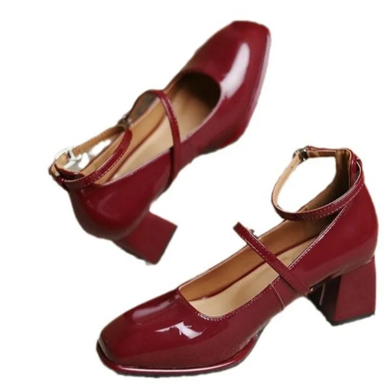 Celeste - Ankle Strap Block Heel Pumps Square Toe Mary Jane