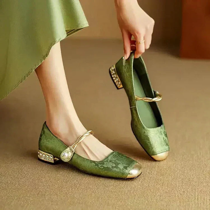 Celestine - Pearl Strap Mary Jane Shoes Glitter Block Heel