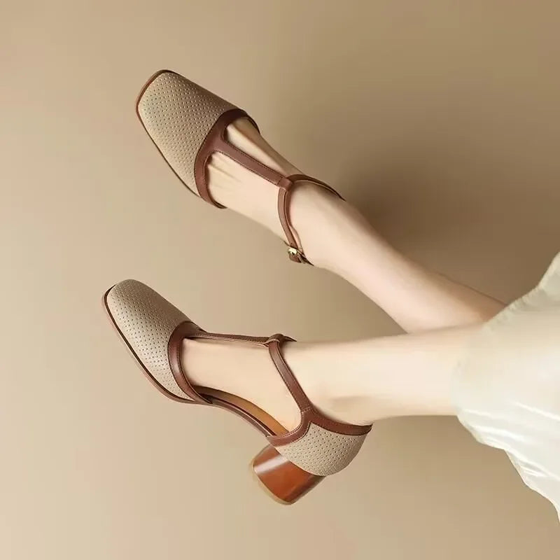 Piper - T-Strap Block Heel Shoes Square Toe Mid Heel Pumps