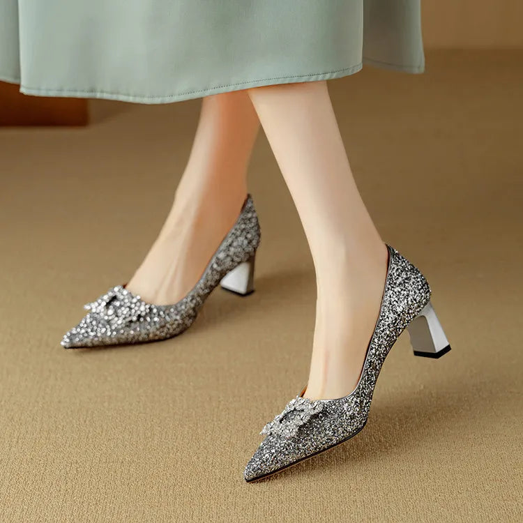 Stella - Glitter Block Heel Pumps Pointed Toe Crystal Buckle