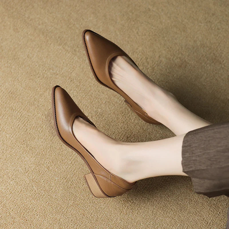 Cora - Pointed Toe Block Heel Pumps Slip On Mid Heel Shoes