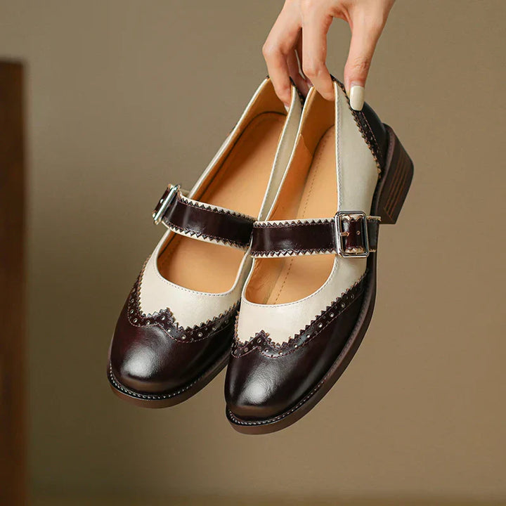 Harlow - Two-Tone Leather Mary Jane Shoes Brogue T-Strap