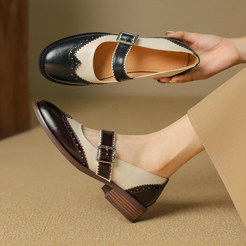 Harlow - Two-Tone Leather Mary Jane Shoes Brogue T-Strap
