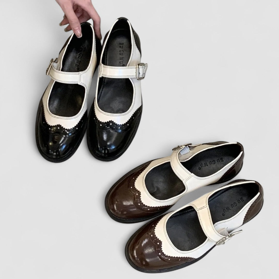 Audrey - Two-Tone Leather Mary Jane Shoes Brogue Low Heel