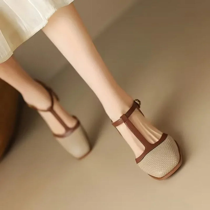 Piper - T-Strap Block Heel Shoes Square Toe Mid Heel Pumps