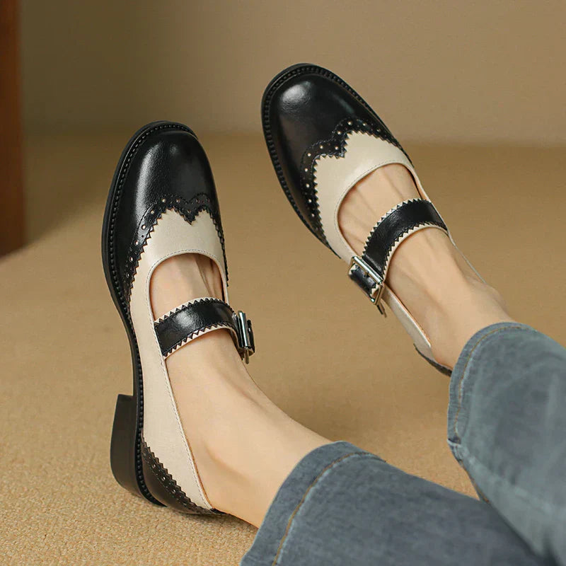 Two-Tone Leather Mary Jane Shoes Brogue T-Strap