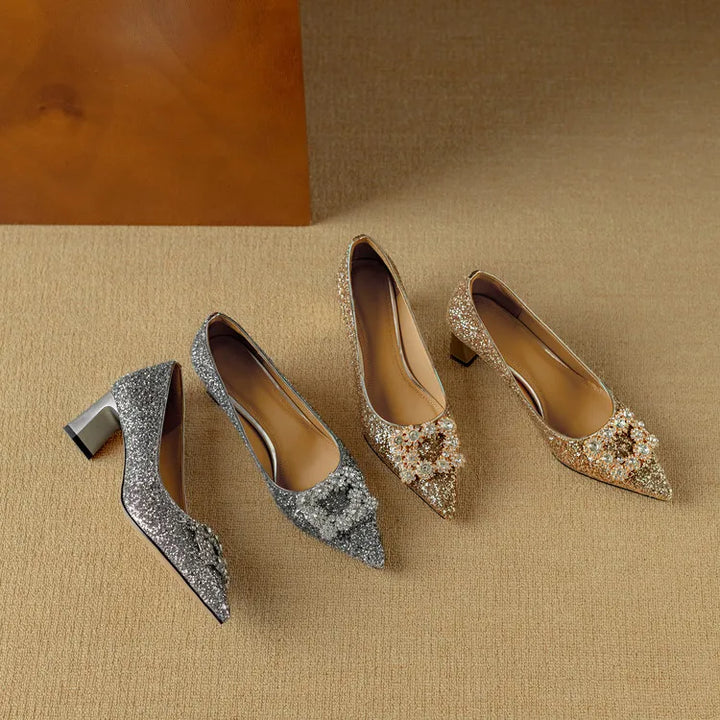 Stella - Glitter Block Heel Pumps Pointed Toe Crystal Buckle