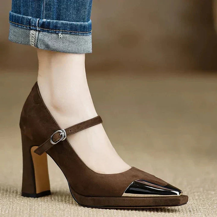 Serena - Mary Jane High Heel Pumps Cap Toe Block Heel Strap