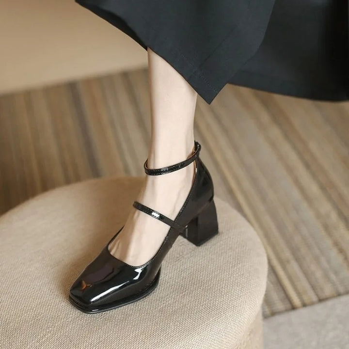 Celeste - Ankle Strap Block Heel Pumps Square Toe Mary Jane