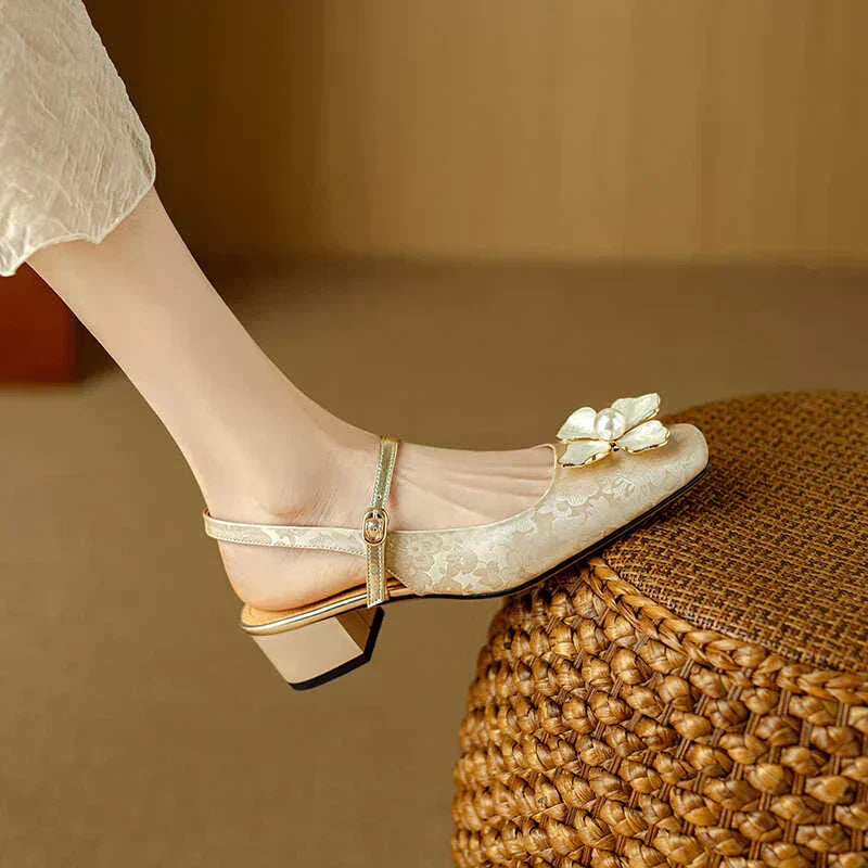 Isabeau - Floral Mary Jane Pumps Block Heel Jacquard Strap