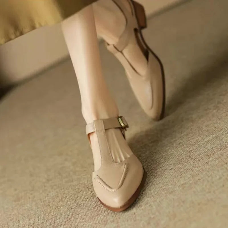 Sloane - T-Strap Buckle Shoes Pointed Toe Low Heel Flats