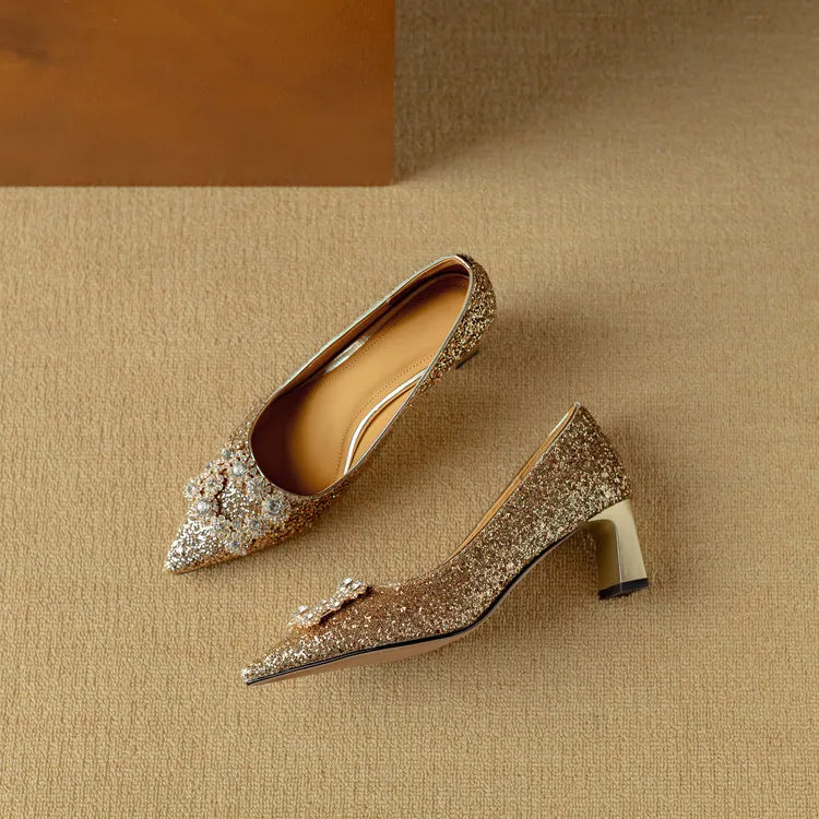 Stella - Glitter Block Heel Pumps Pointed Toe Crystal Buckle