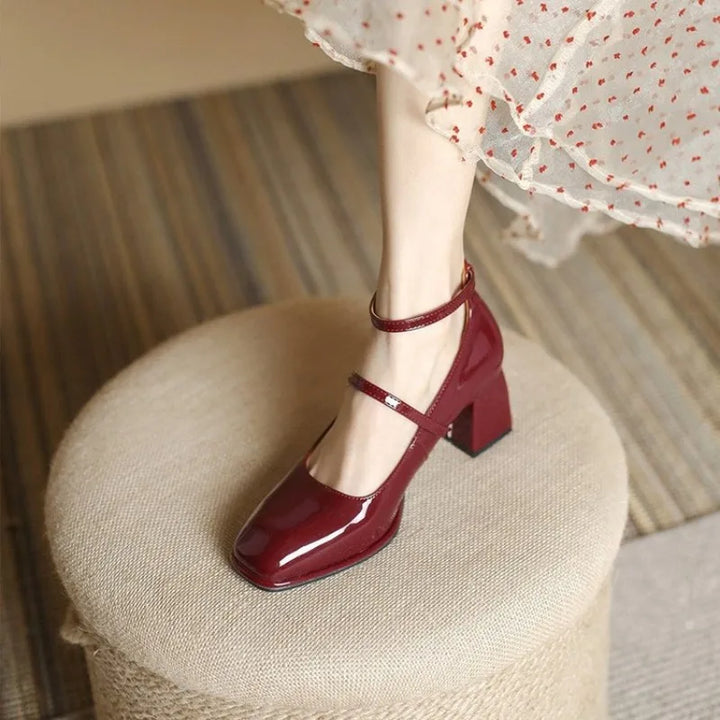 Celeste - Ankle Strap Block Heel Pumps Square Toe Mary Jane
