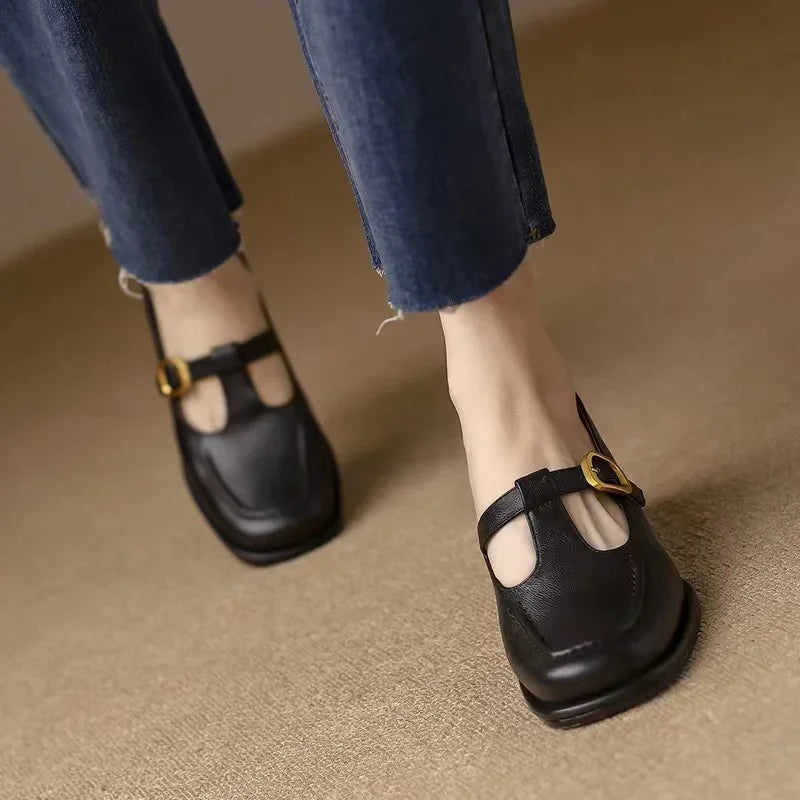 Wren - T-Strap Mary Jane Shoes Square Toe Low Block Heel
