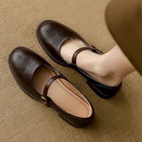 Leather Mary Jane Shoes Low Block Heel Strap