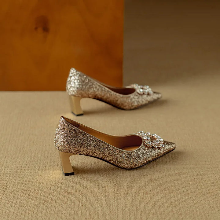 Stella - Glitter Block Heel Pumps Pointed Toe Crystal Buckle