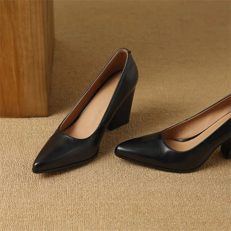 Venetia - Block Heel Pumps Pointed Toe Slip On Work Heels