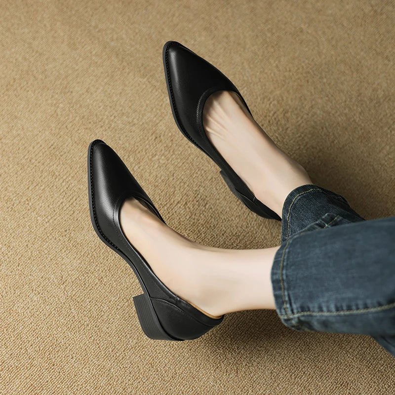 Cora - Pointed Toe Block Heel Pumps Slip On Mid Heel Shoes
