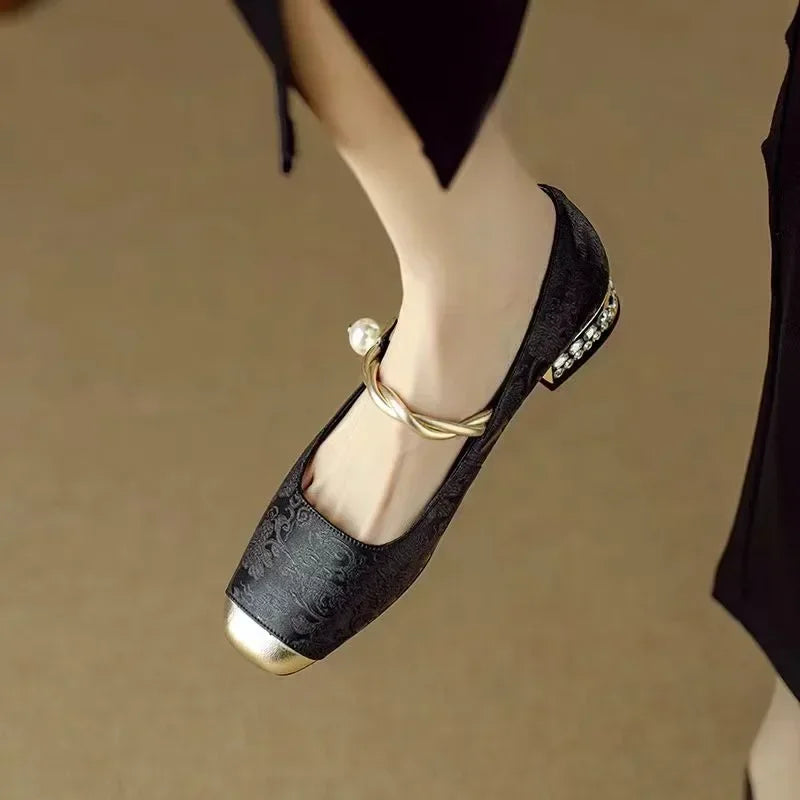 Celestine - Pearl Strap Mary Jane Shoes Glitter Block Heel