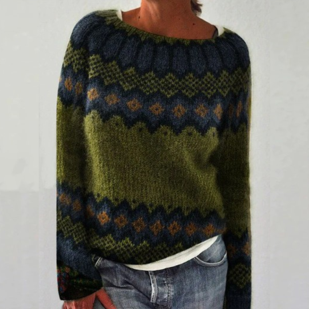 Comfortable Fair Isle Sweater for Women with Crew Neck Long Sleeve Relaxed Oversized Knit Style - Susan & Anne