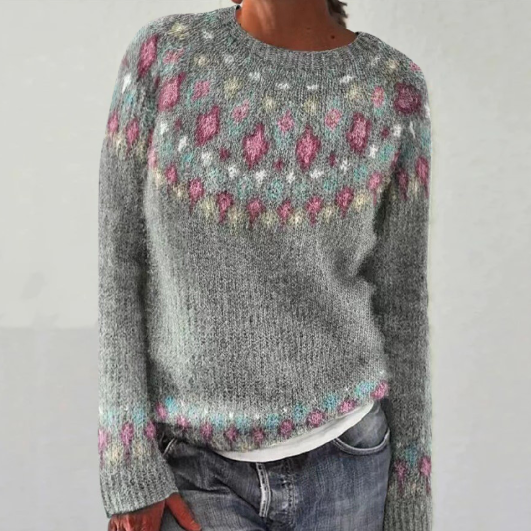 Comfortable Fair Isle Sweater for Women with Crew Neck Long Sleeve Relaxed Oversized Knit Style - Susan & Anne