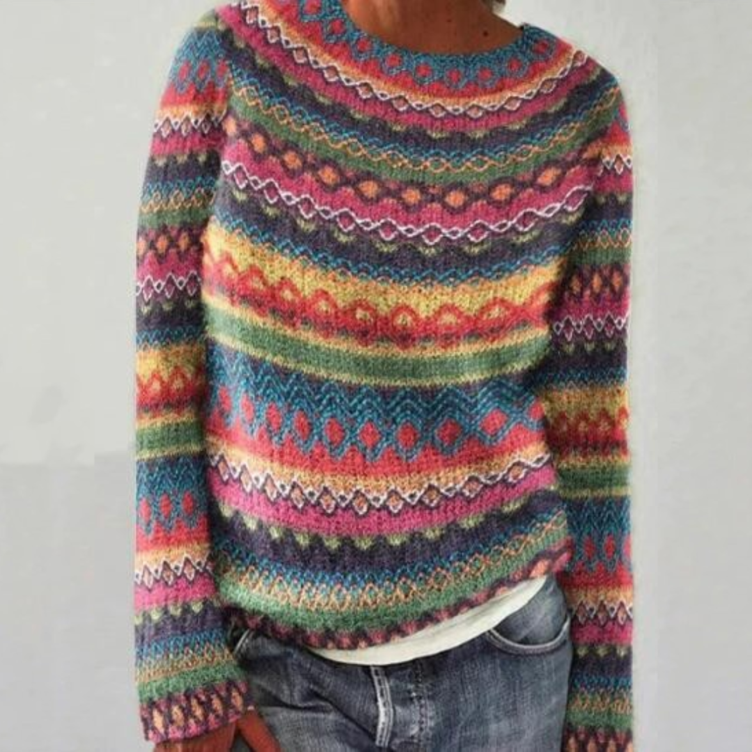 Comfortable Fair Isle Sweater for Women with Crew Neck Long Sleeve Relaxed Oversized Knit Style - Susan & Anne