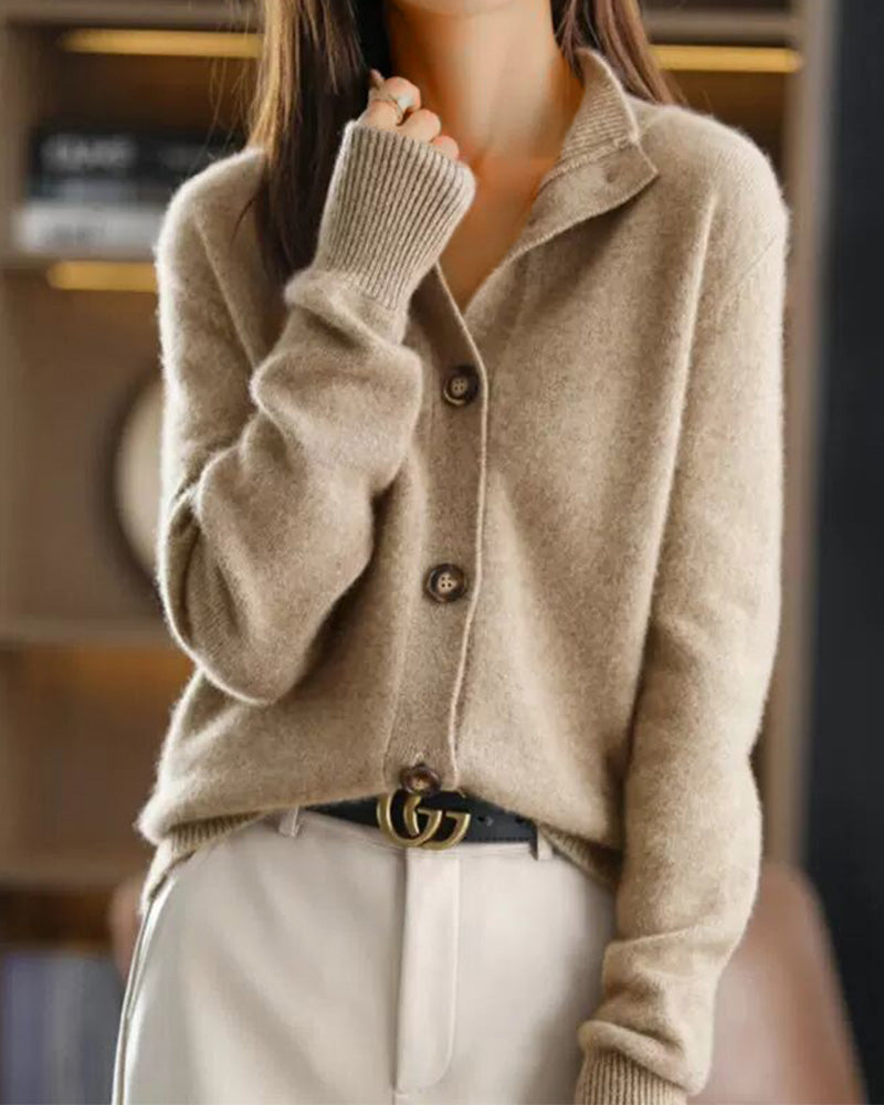 Back view of the retro stand collar knitted cardigan
