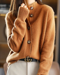 Woman wearing the retro stand collar knitted cardigan