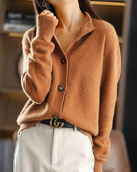 Front view of the retro stand collar knitted cardigan