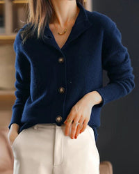 Detail of the retro stand collar knitted cardigan
