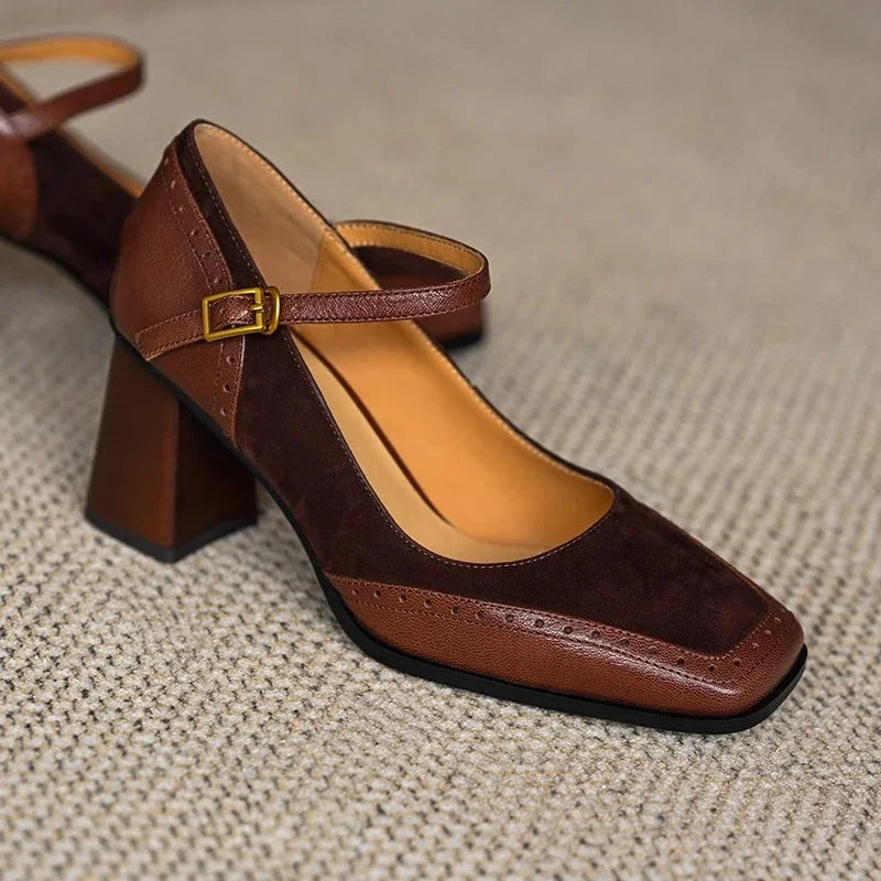 Constance - Square Toe Block Heel Pumps Ankle Strap Brogue