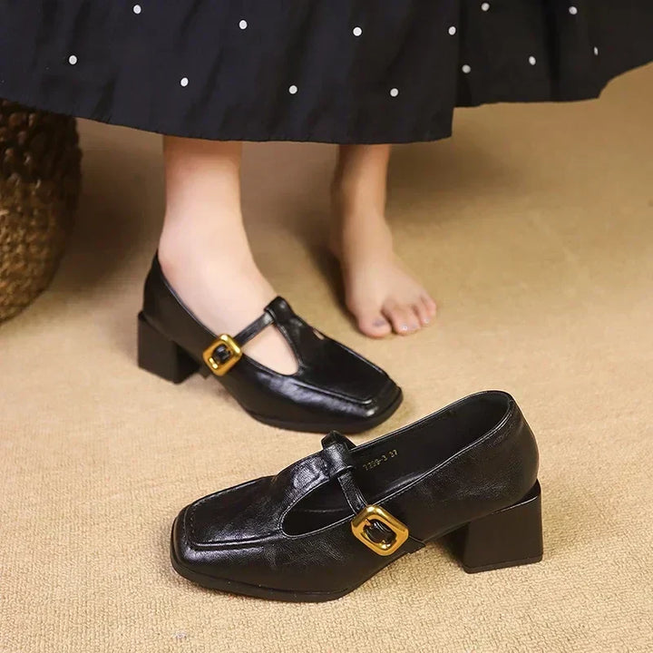 Odette - Square Toe Mary Jane Heels Block Heel Gold Buckle